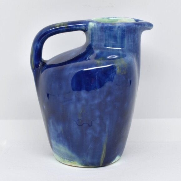 Ceramic Art Pottery Pitcher, Signed, Blue Drip Glaze, 4" Tall - Picture 3 of 7